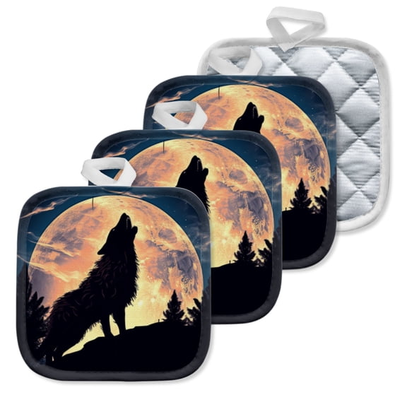 4 Pack Pot Holders,Kitchen Essential, Potholder Set,Wolf Howling Under The Full Moon