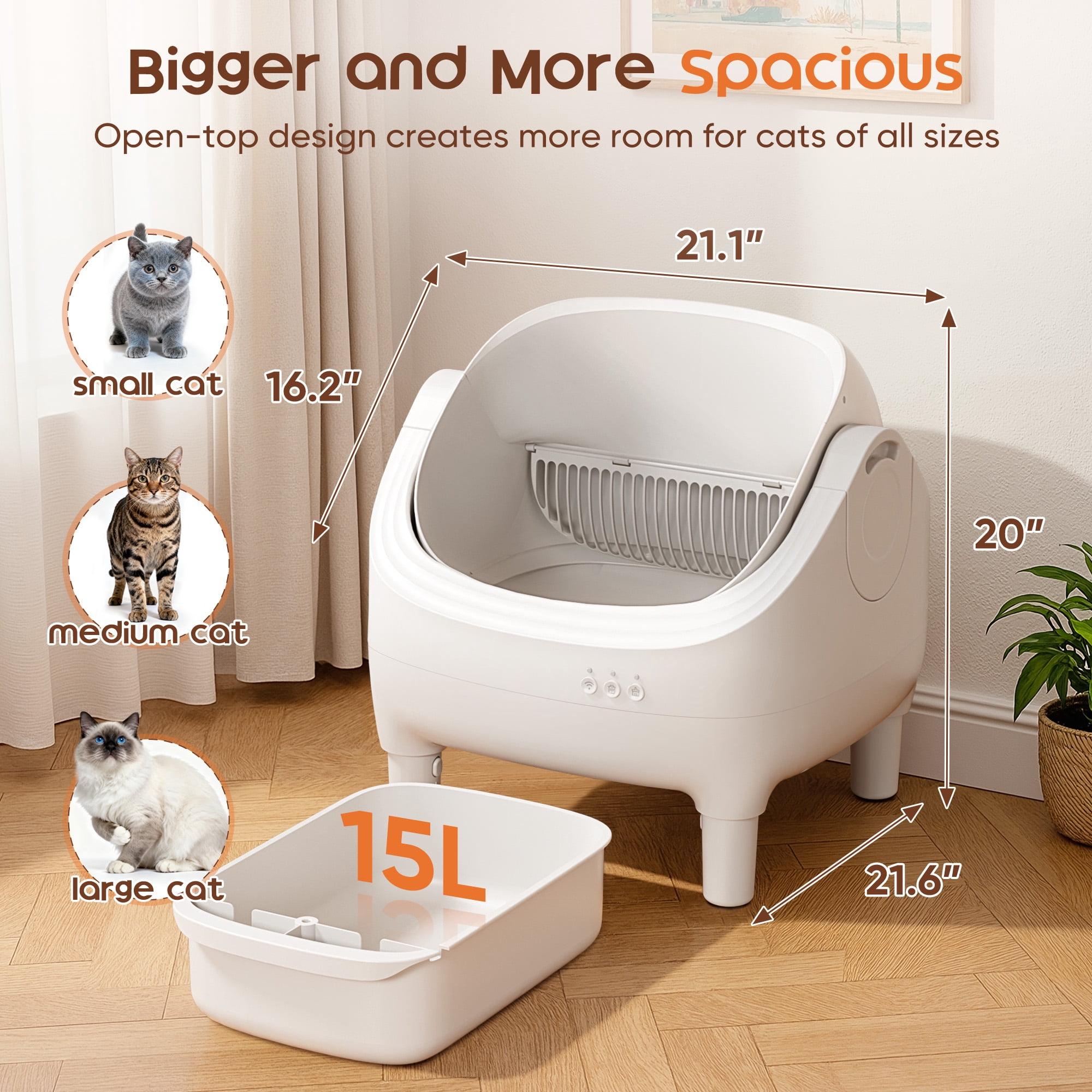 Furmax Automatic Cat Litter Box Self Cleaning – Smart WiFi App Control, Open Top Design, 15L Large Capacity, Odor Control, Quiet Litter Box for Multiple Cats (White)