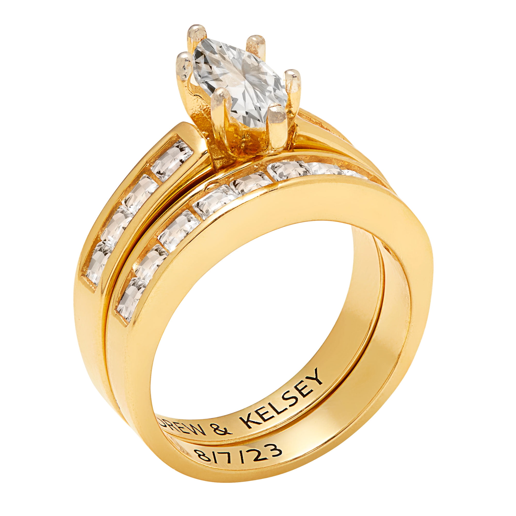 Vow & Forever Personalized Planet Bridal 14K Gold over Sterling Silver Marquise White Topaz 2 Piece Engraved Wedding Set ,Women's