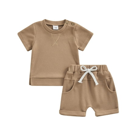

Mevireiy Toddler Boy Summer Outfits Short Sleeve T shirt Tops Drawstring Elastic Shorts Brown 6-12 Months