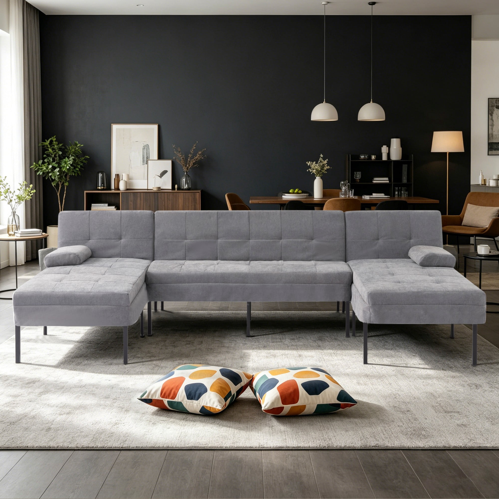BSHTI 107.09" U Shape Sofa Bed with Adjustable Backrest, Soft 4 Seater Couch for Living Room(Dark Gray)