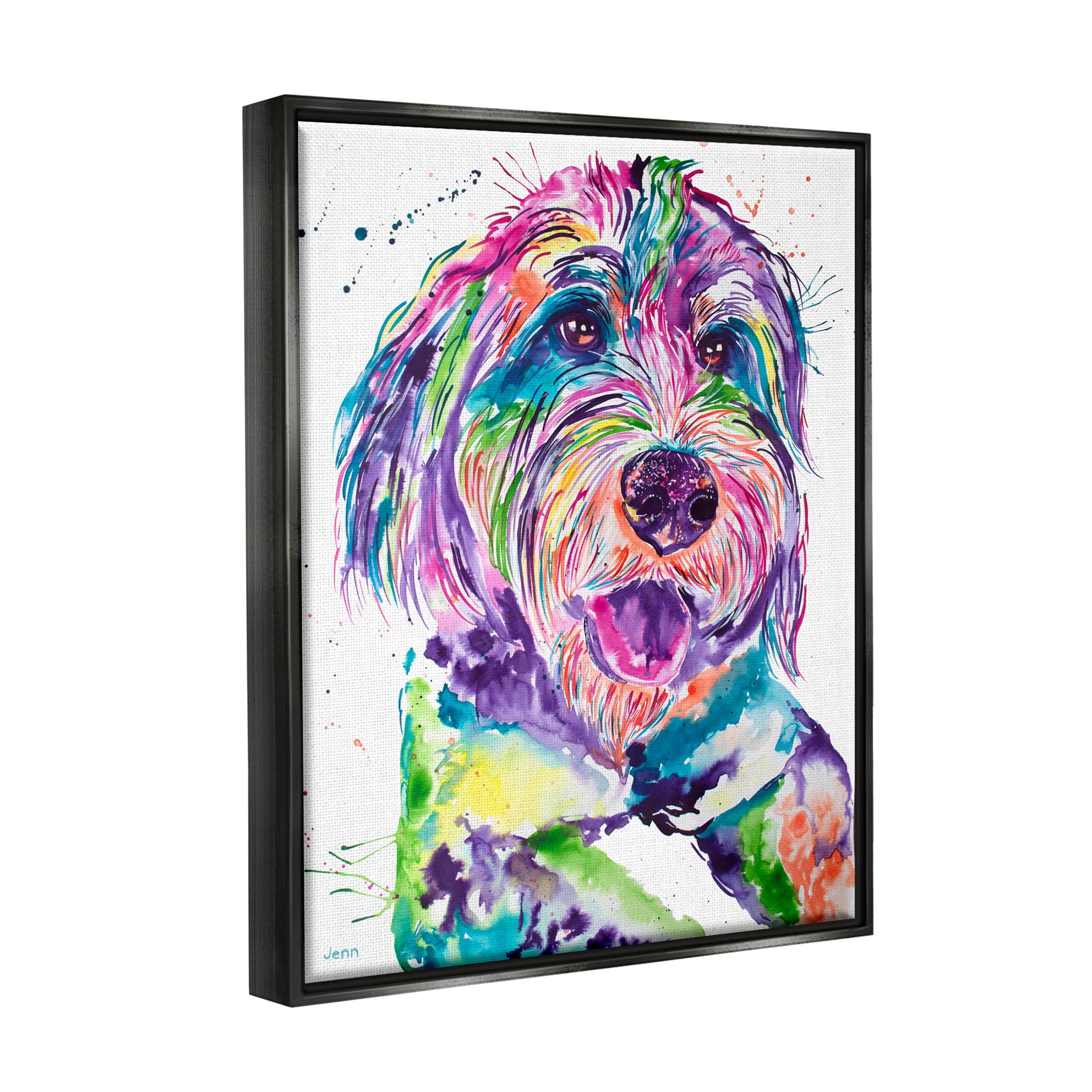 Smiling Terrier Modern Vivid Dog Animals & Insects Graphic Art Jet Black Framed Art Print Wall Art