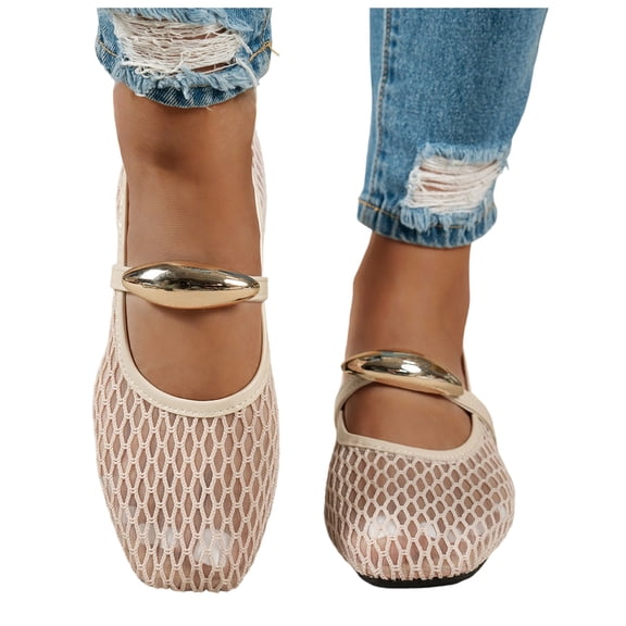 Rokment Metallic Gold Buckles Fishnet Ballet Flat Dress Shoes for Women Ladies Fashion Casual Mesh Square Toe Low Heels Business Office Work Slip on Loafers Summer Fall Beige Size 6.5