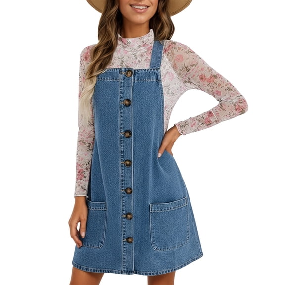 DHFJKG Women's Sleeveless Casual Denim Pinafore Dress Square Neck Vintage Loose Fit Jean Overall Dress With Pockets Summer Trendy Dresses