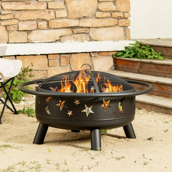 32" Round Wood Burning Fire Pit with Mesh Cover, Fire Poker, Star & Moon Cutouts, Metal Outdoor Firepit for Patio, Backyard, Garden, Bonfire, Camping, Christmas, Thanksgiving,