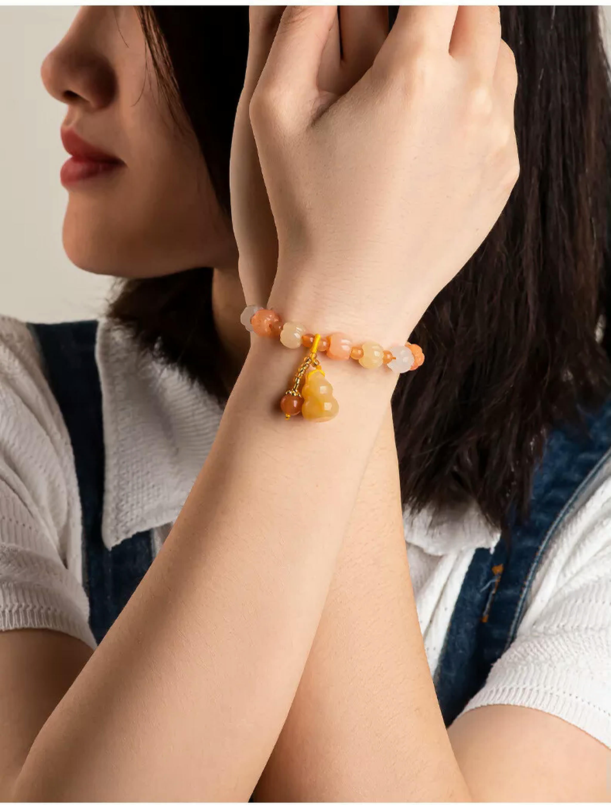 HOOUN Golden Silk Jade Gourd Pumpkin Beads Hand Chain Topaz Women's Jade Bracelet