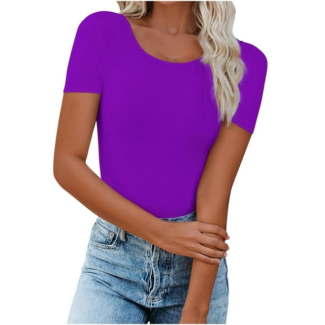 Timegard Hauts pour Femmes Été Col Rond Manches Courtes Blouse Couleur Unie Hauts Décontractés T-Shirts Basiques