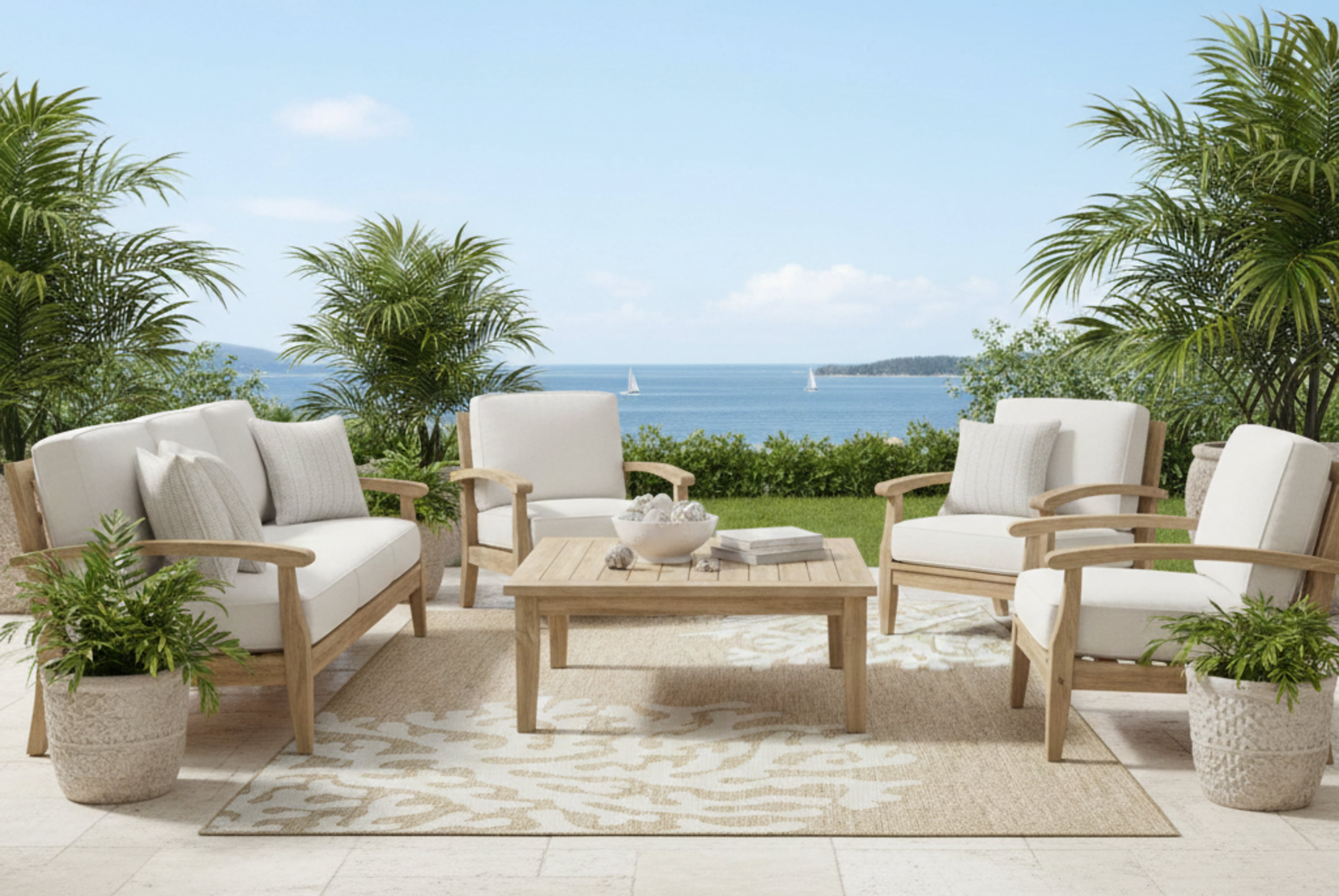 Ox Bay Dom Floral Nautical Performance Polypropylene Indoor Outdoor Area Rug, Beige, 5' x 7'