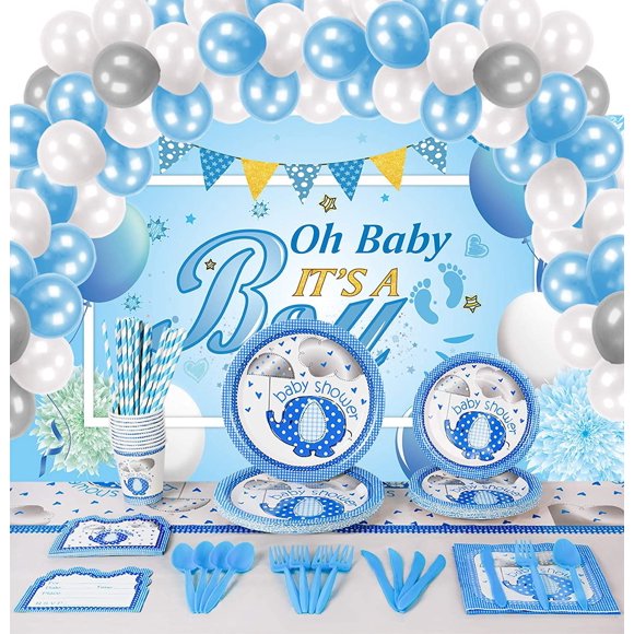 Jinsinto 132 Pieces Elephant Party Supplies Kit Elephant Theme Baby Shower Decorations Party Backdrop Banner Tablecloth for Baby Gender Reveal (Boy Style)