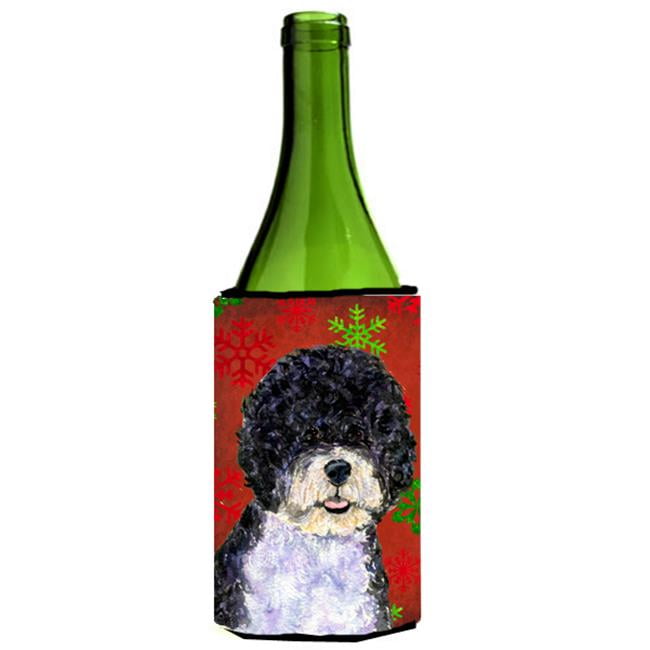 Portuguese Water Dog Red Green Snowflake Christmas Wine bottle sleeve