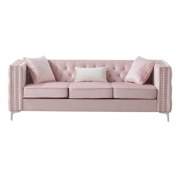 Maykoosh Renaissance Revival Sofa, Pink Velvet with Jeweled Button Tufting, Dimensions: 86" L x 34" W x 30" H, Item Weight 129 lbs