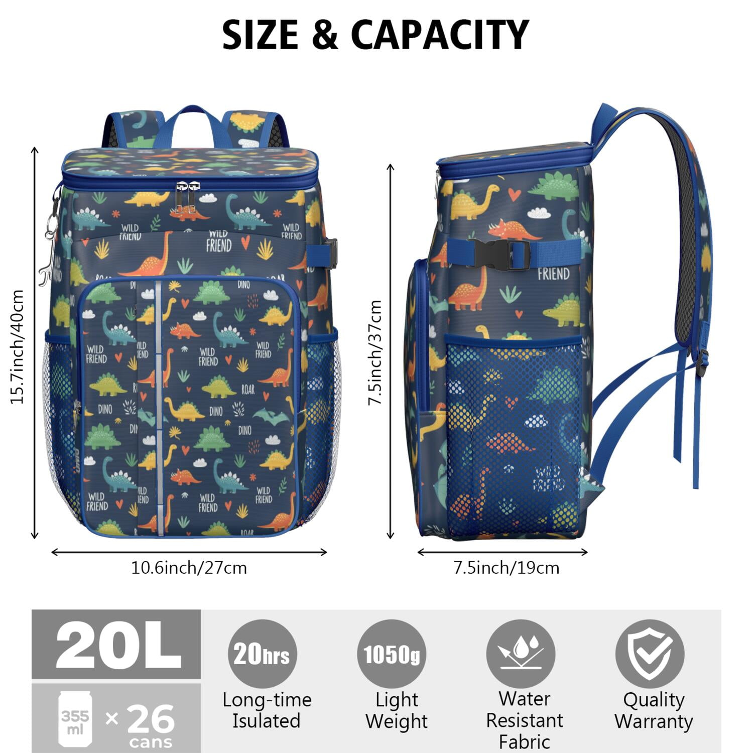 Travel Cooler Bag - Dinosaur Pattern with Text Elements Camping Beer Cooler Backpack with Bottle Opener- Waterproof Insulated Picnic Backpacks - Cooler Bag for Beach