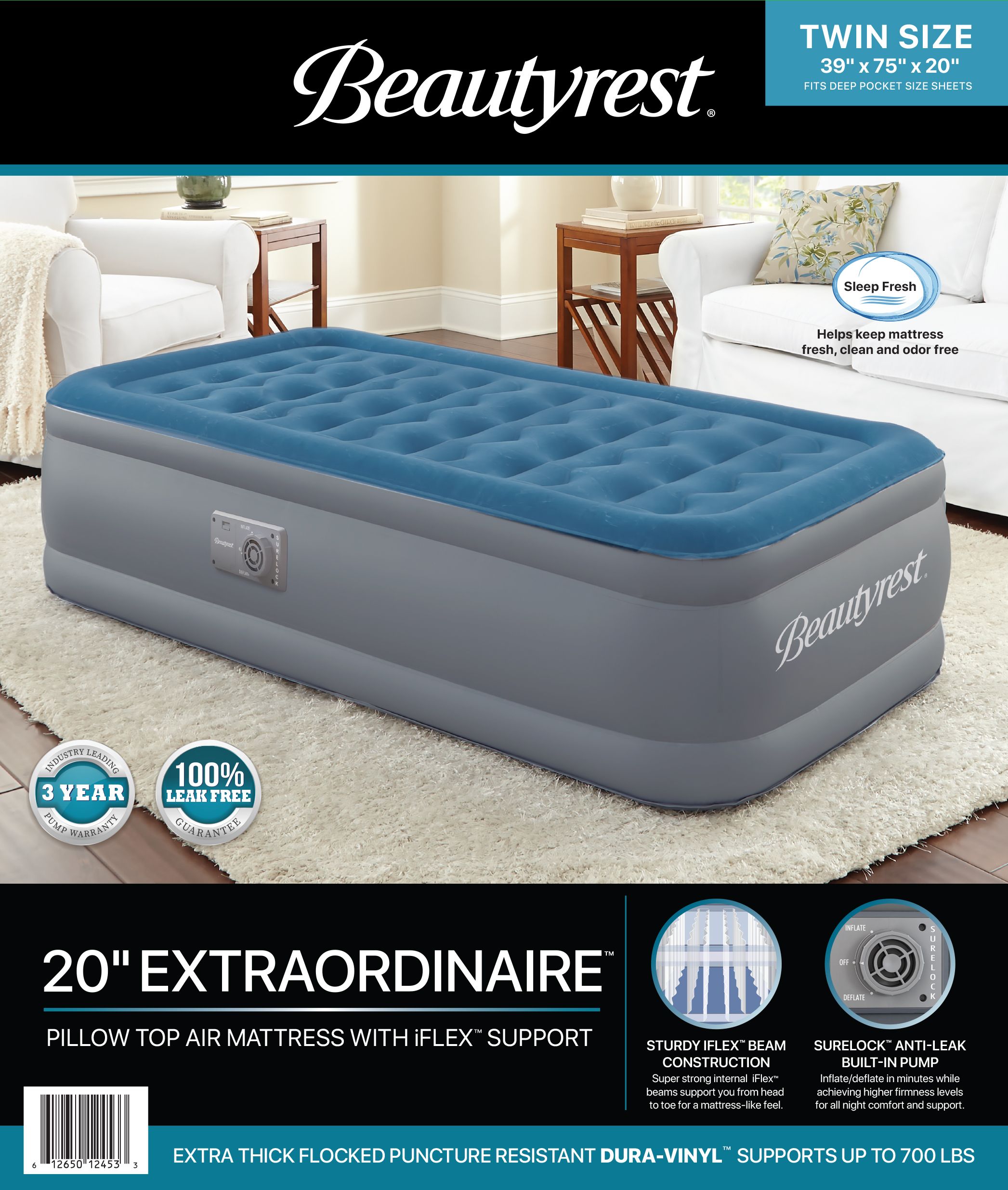 BEAUTYREST EXTRAORDINAIRE 20 INCH TWIN AIR MATTRESS WITH BUILT-IN PUMP FOR CAMPING AND GUESTS
