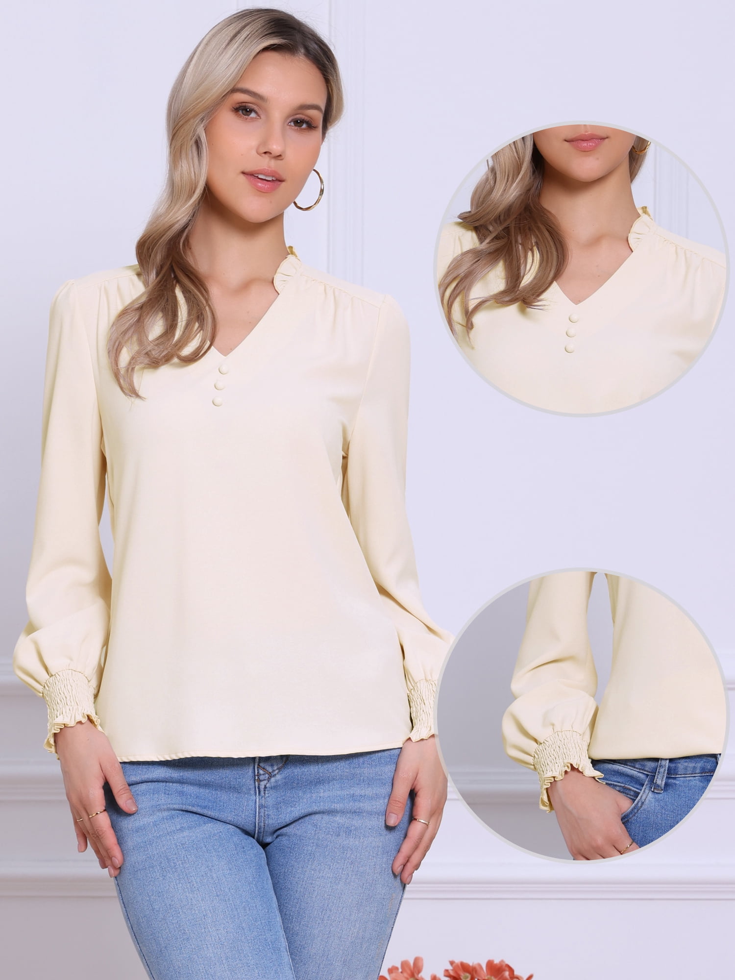 DARING DIVA Women's Vintage Ruffle V Neck Puff Long Sleeve Shirts M Apricot