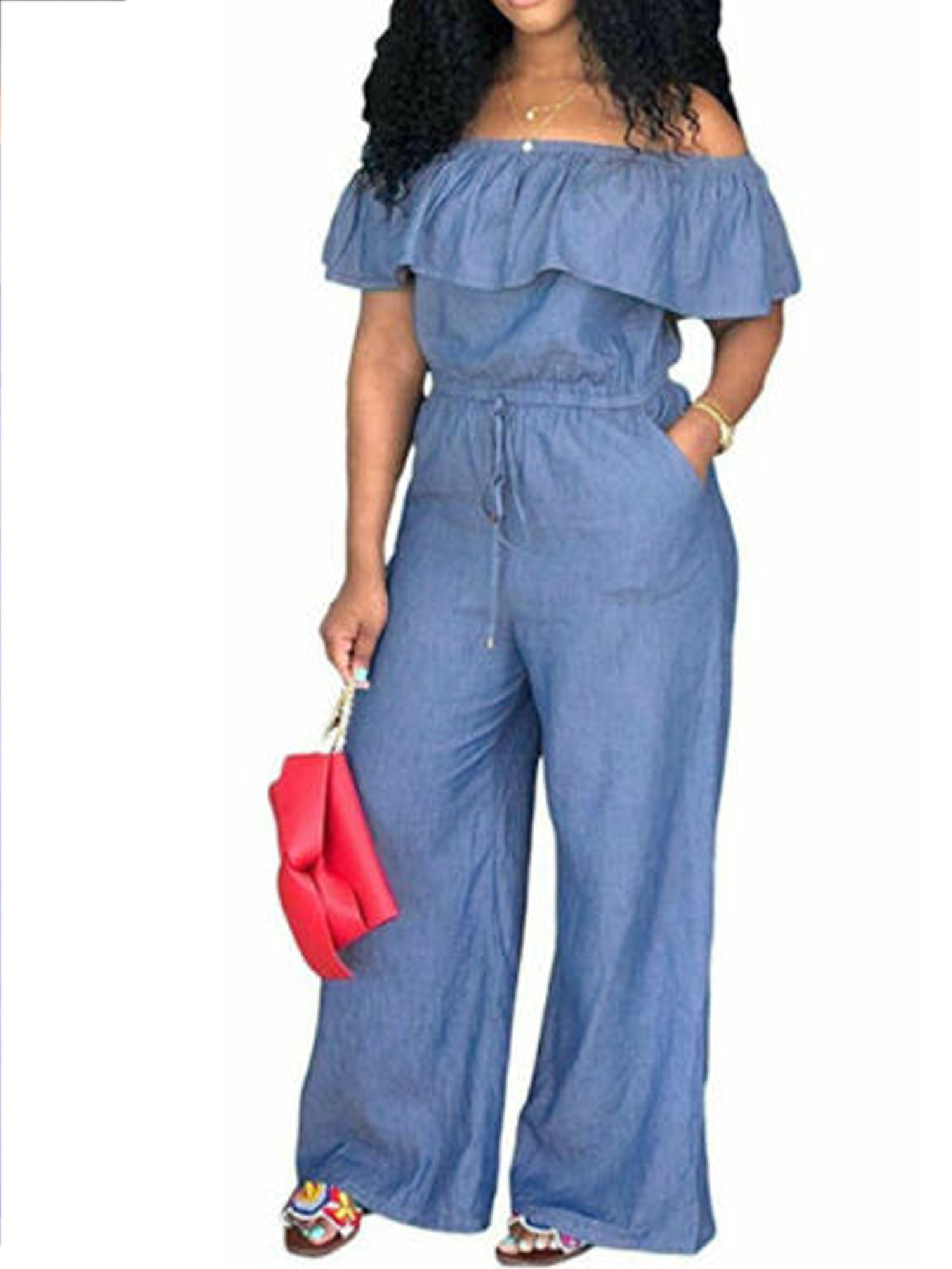 maydaiyar Casual Rompers Womens Jumpsuit Plus Size Denim Overalls Print Flower Holes