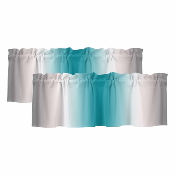 Turquoise Gray Ombre Curtain Valances for Windows, Kitchen Valance Window Treatments Panel 2 Pack, Farmhouse Teal Gradient Modern Art Rod Pocket Short Curtains for Bathroom Bedroom 54 x 18 Inch