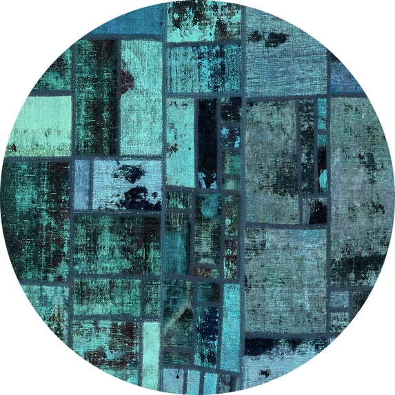 Ahgly Company Indoor Round Patchwork Turquoise Blue Transitional Area Rugs, 4' Round