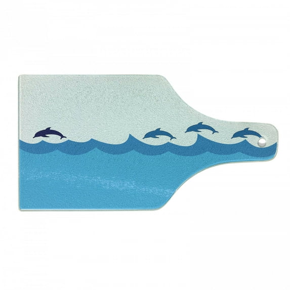 Sea Animals Cutting Board, Lead and 3 Dolphins Shadow on Waves Oceanlife Maritime Theme Image, Decorative Tempered Glass Cutting and Serving Board, Wine Bottle Shape, Blue Turquoise, by Ambesonne
