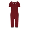 thumbnail image 4 of Women's V-Neck Pajama Set, Short Sleeve Top & Long Pants, Spring Summer Casual Sleepwear & Lounge Suit Wine S, 4 of 7