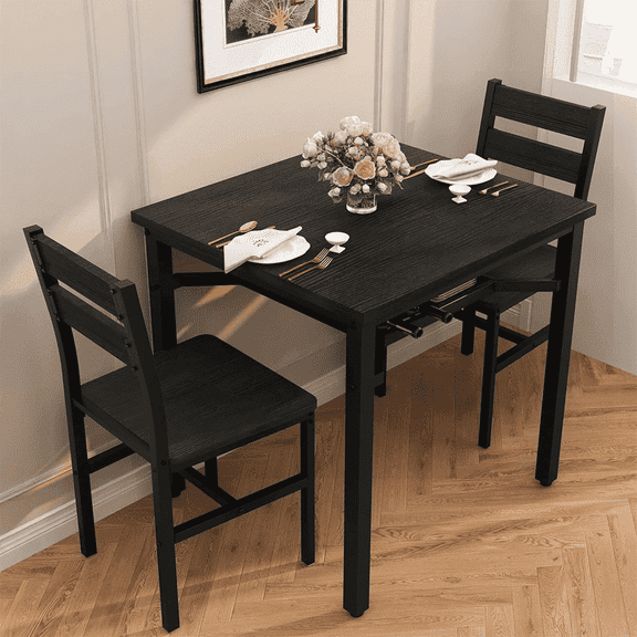 LinkRomat Small Dining Table for 2, Wooden Dinner Table with Storage, 3 Piece Farmhouse Square Dinette Set for Dining Room, Apartment, Small Space
