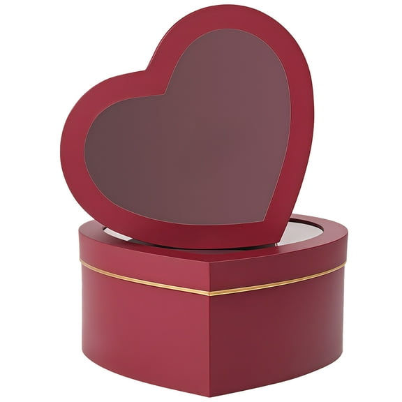 2 Pcs of Heart Shaped Flower Gift Box Set with Lids, Valentines Day Boxes for Gifts and Flowers, Wine Red Paper Boxes, Transparent Window, Gold Trim