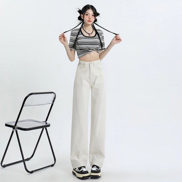 Vaqueros de pierna ancha de cintura alta para mujer, pantalones de fregar rectos retro, de terciopelo popular y finos, versátiles, drapeados, novedad de 2023