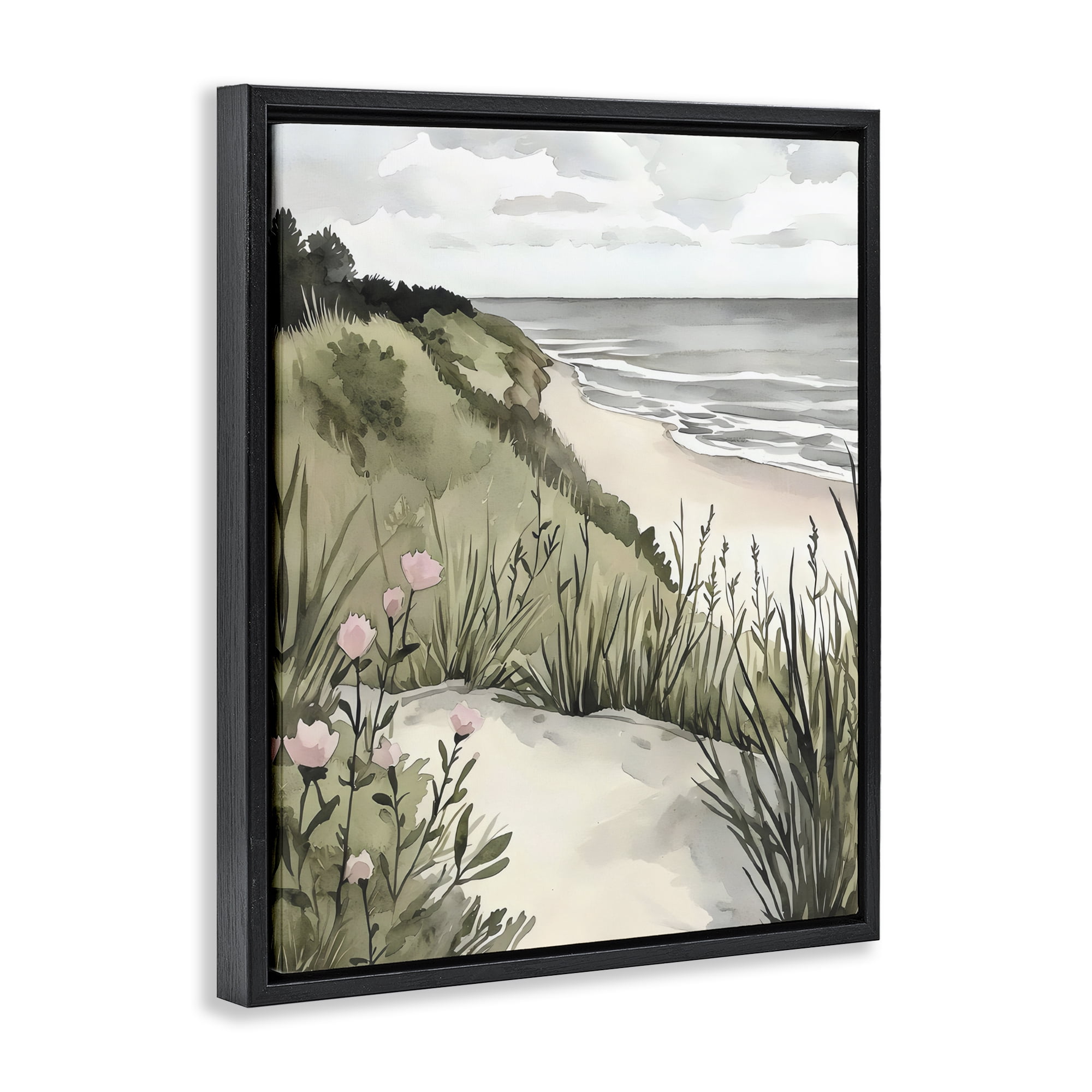 Stupell Industries Coastal Calm on Sandy Dunes Black Framed Floater Canvas Wall Art, design by Riley B