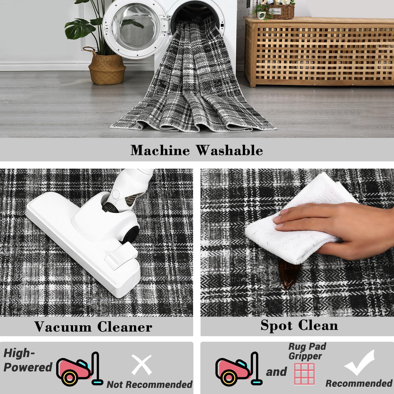 2'x10' Washable Soft Plaid Traditional Tartan Runner Rug - Non Shedding, Non Slip, Stain Resistant Carpet for Living Room, Bedroom, Nursery, Office, Machine Washable, Gray