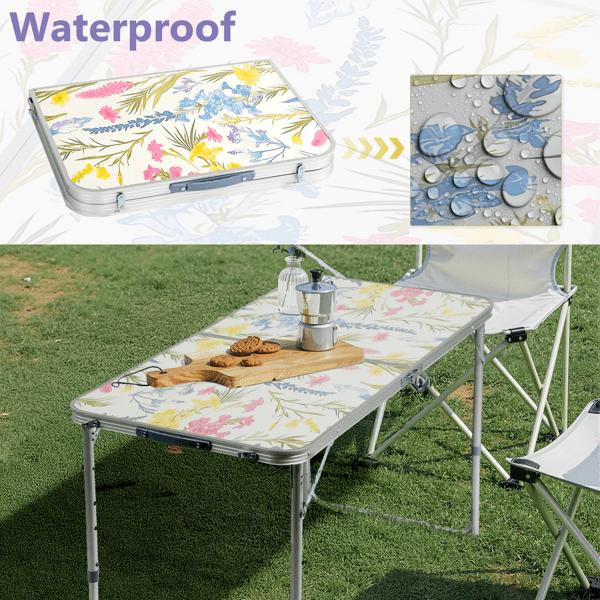 4 Ft Rectangular Center‑Fold Outdoor Folding Table, 23.82 Inch Width, 3‑Level Adjustable Height Aluminum Frame, 110 Lbs Capacity for Camping Picnic Party, Floral Print