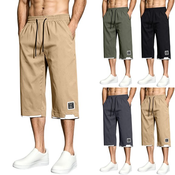 Big & Tall Men's Capri Pants Lightweight Loose Fit Below Knee 3/4 Cropped Pants with Pockets Elastic Waist Drawstring for Travel, Khaki, XL