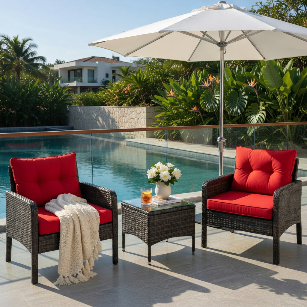 Hommoo 3-Piece Outdoor Wicker Patio Conversation Set, PE Rattan Chairs + Coffee Table with Removable Cushions, Red