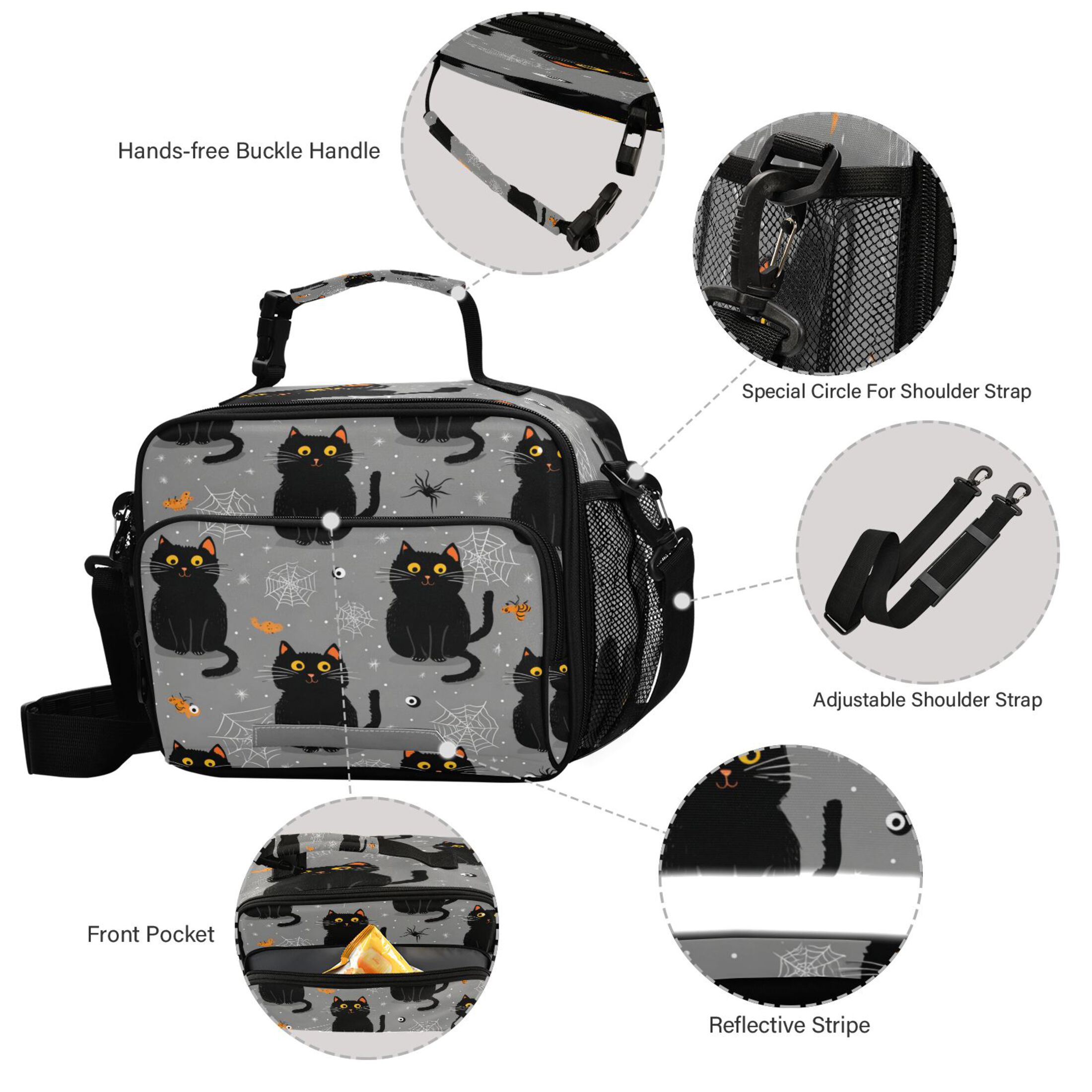 Insulated Lunch Bag 6L Leak-Proof Lunch Box with Shoulder Strap Multiple Pockets Lunch Tote Black Cat and Spider Web