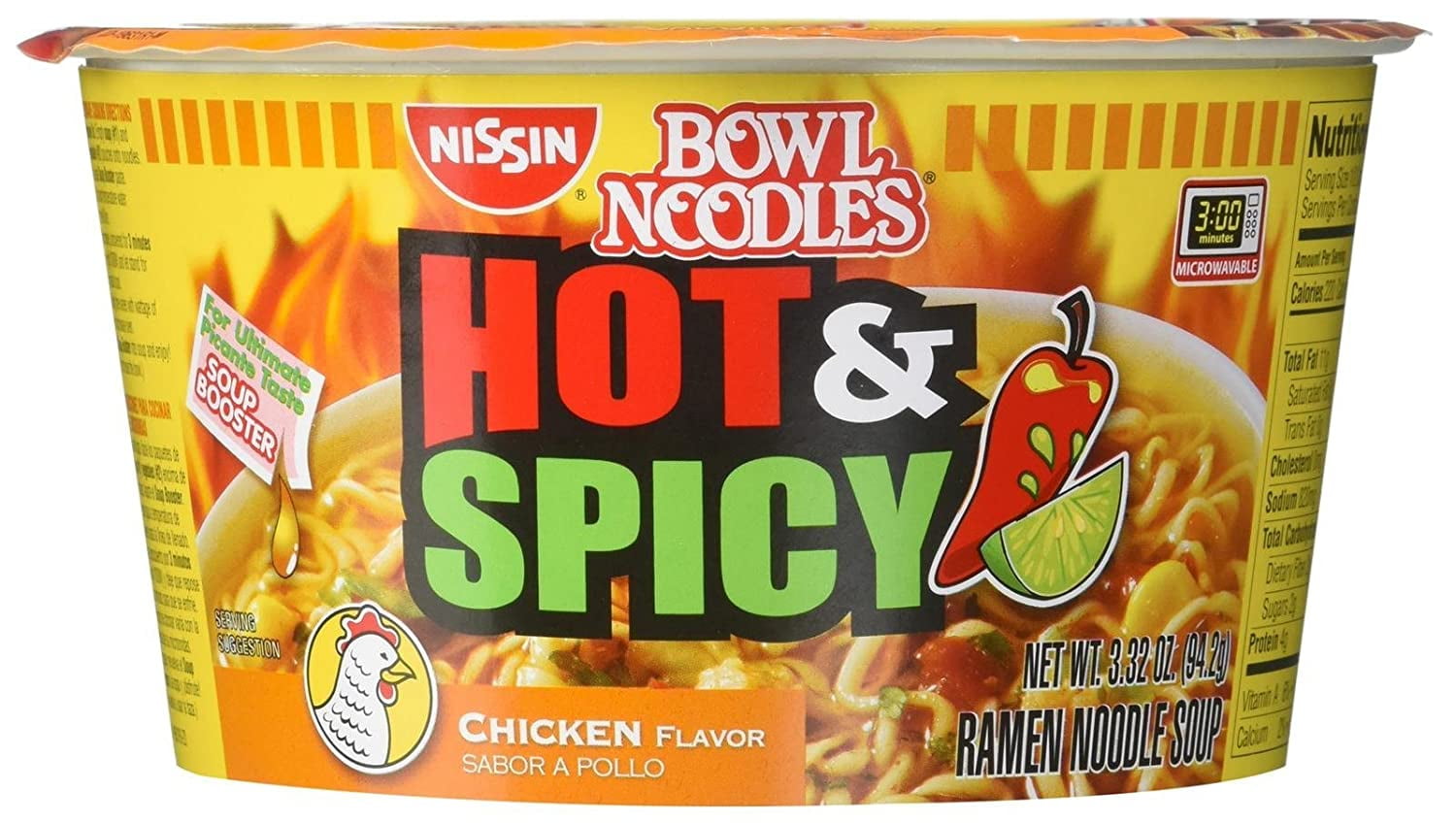 Nissin Hot & Spicy Ramen Noodle Soup, Chicken, 3.32 Ounce (Pack of 6)