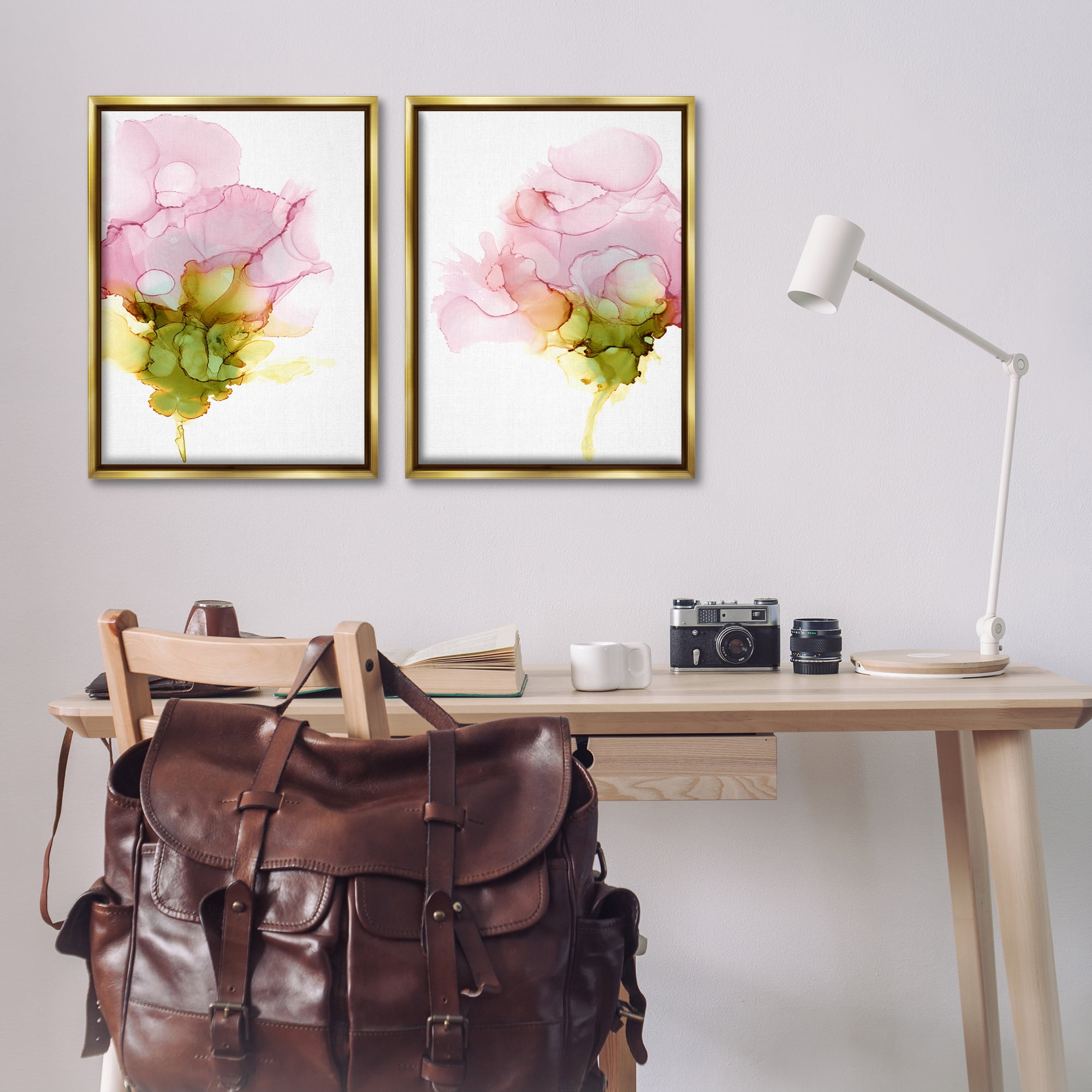 Stupell Industries Blooming Pink Ink Blossom Abstract Painting Gold Floater Framed Canvas Art Print Wall Art, 21 x 31, Set of 2