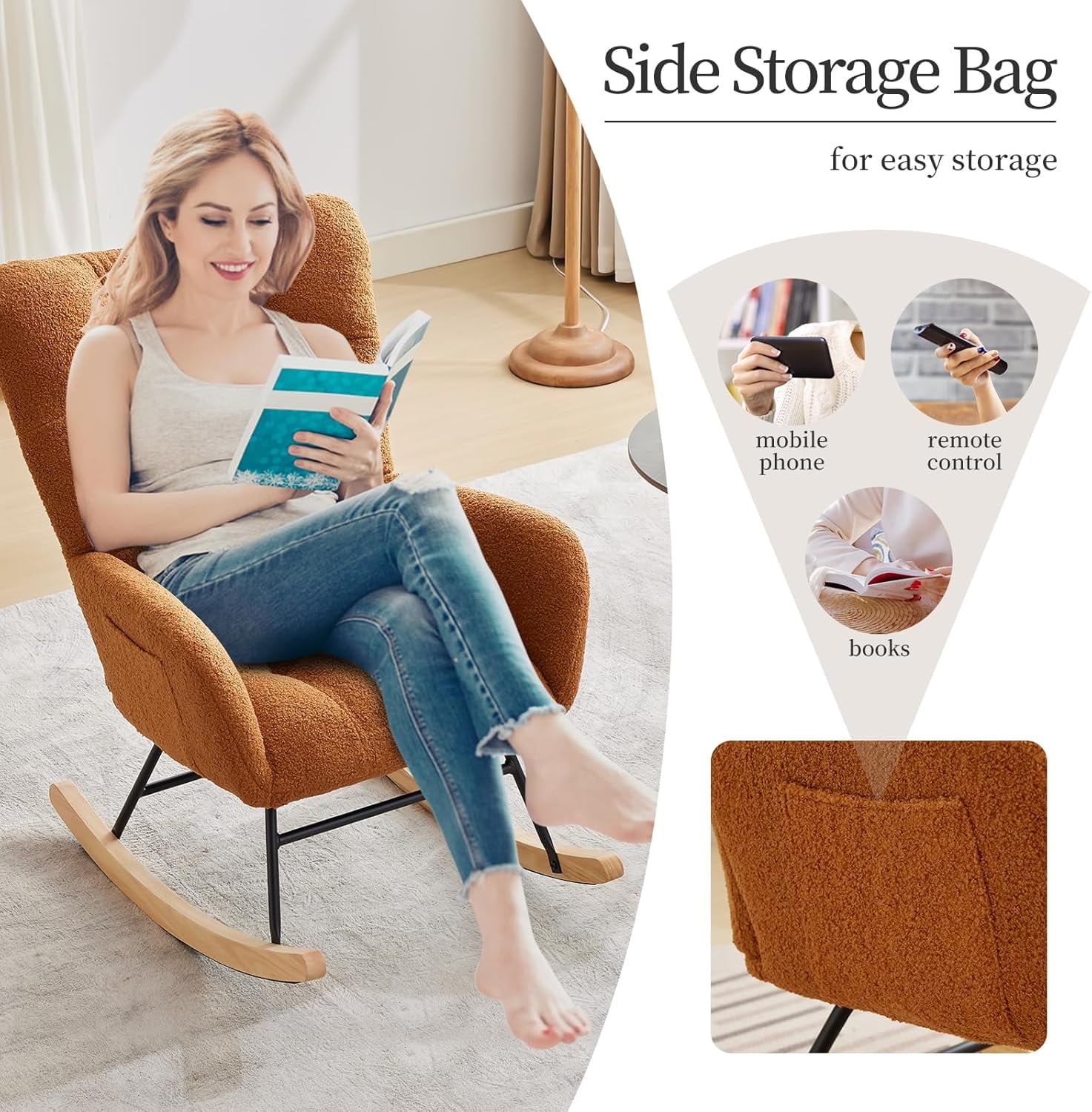Teddy Fabric Nursery Rocking Chair w/ High Backrest & Side Pockets, Glider for Breastfeeding, Living Room