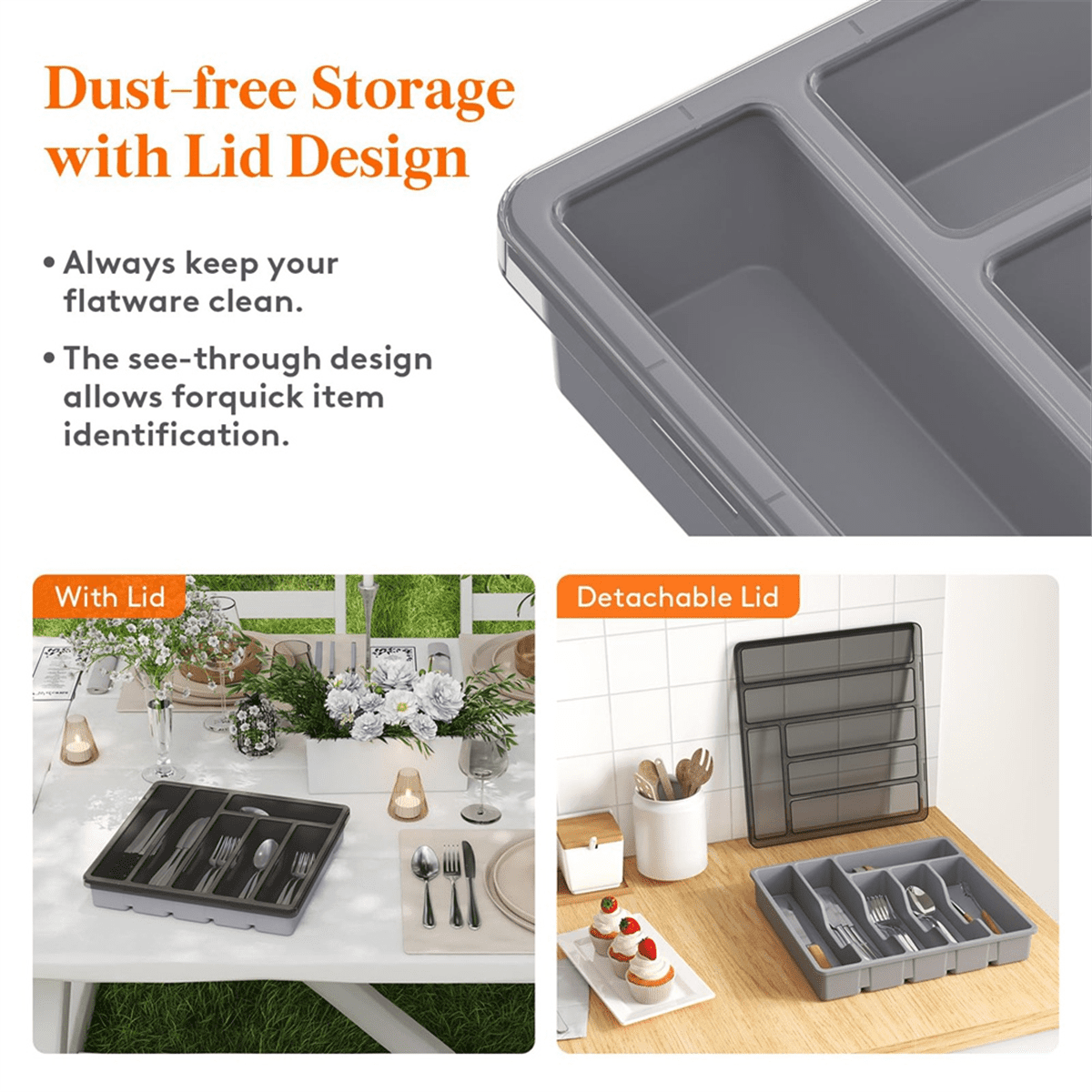 Silverware Organizer with Lid,Covered Utensil Tray for Kitchen Drawer and Countertop, Plastic Cutlery and Flatware Gray
