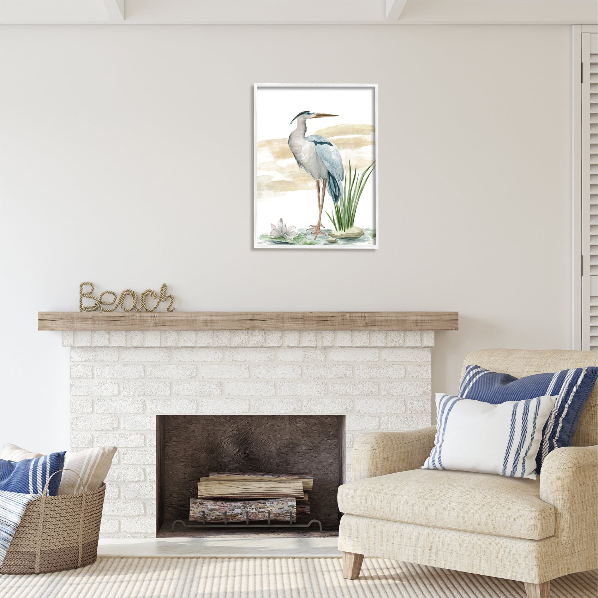Stupell Industries Heron & Lotus Flower Animals & Insects Painting White Framed Art Print Wall Art, 24 x 30