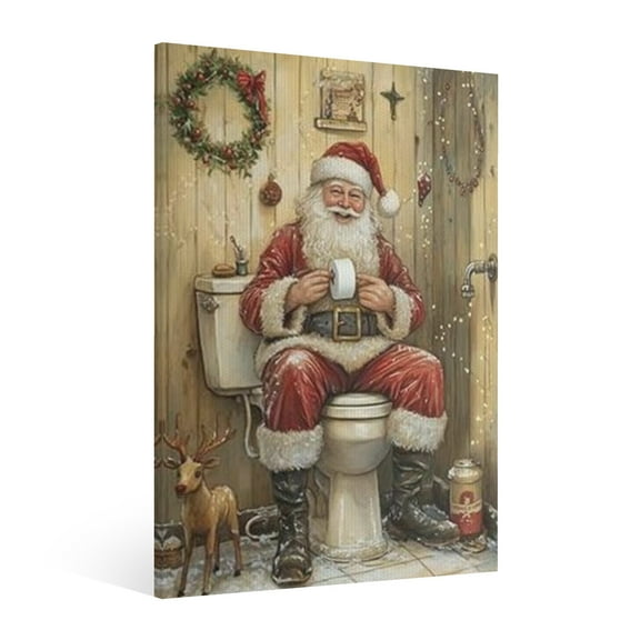 Vintage Christmas Santa Claus in the restroom Wall Art Paint Framed - Retro Xmas Festive Winter Holiday Christmas Wall Decor Canvas Print for Living Room Kitchen Home Bedroom Decor