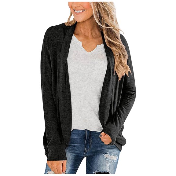 IROINNID Women's Cardigan Open Front Jacket Solid Color Long Sleeve Casual Ladies Cardigan Coat Outerwear, Black