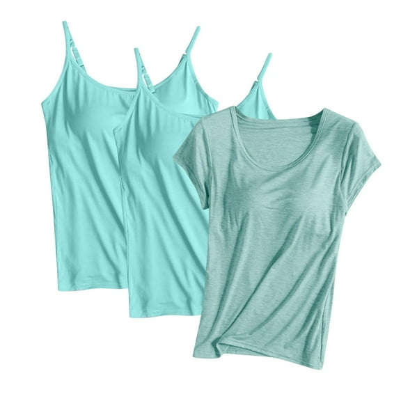 3 Pack Camisole Tops for Women Built in Bra Spaghetti Strap Soft Cotton Undershirt Tanks Seamless Layering Tops