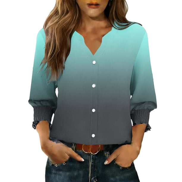 Camisas de Cuello de Tripulación de Manga Corta para las Mujeres, Cardigan con Cuello en V con Mangas 3/4