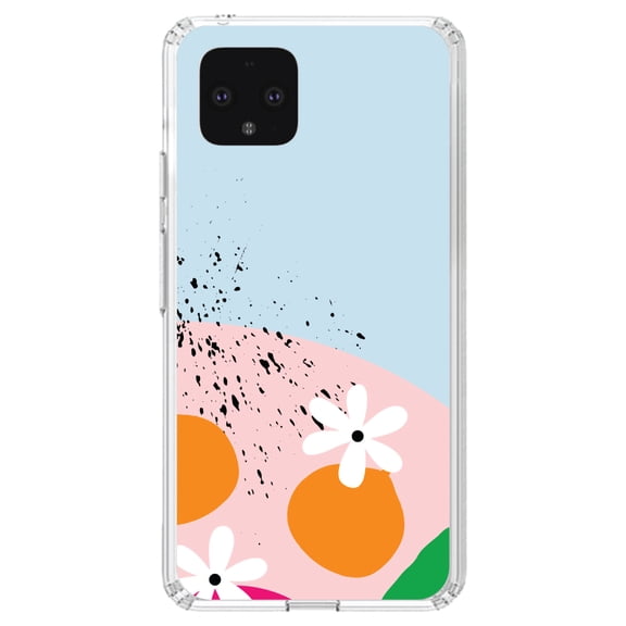 DistinctInk Clear Shockproof Hybrid Case for Google Pixel 4 (5.7" Screen) - TPU Bumper, Acrylic Back, Tempered Glass Screen Protector - Summer Vibes Bold Flower Pink White Orange