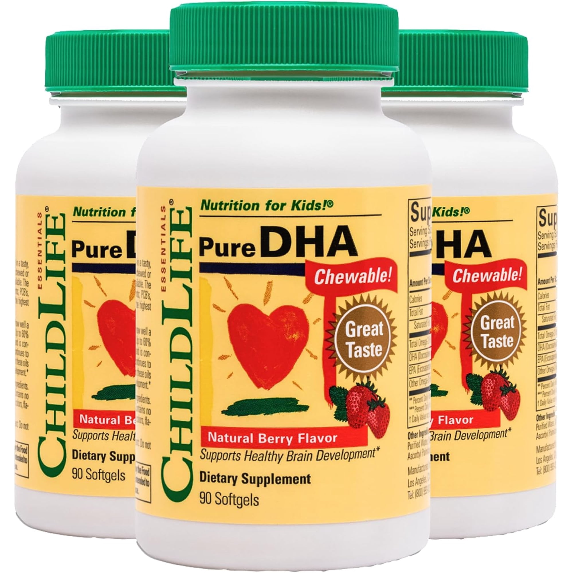 ChildLife Essentials Pure DHA: Brain & Eye Health Support for Kids, Natural Berry Flavor, 90 Softgels (Pack of 3)