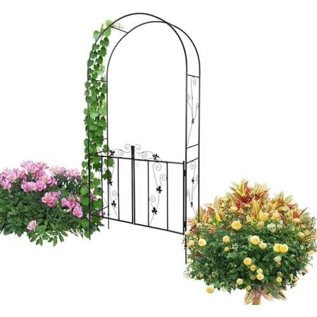 kinbor Outdoor Garden Arch Trellis, Garden Arbor with Gate for Climbing Plants Vine, Black