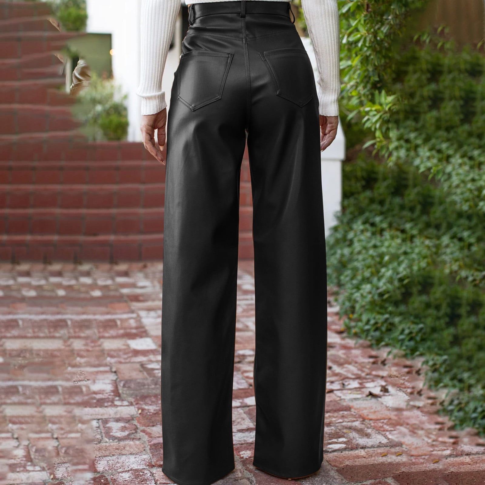 XFLWAM Faux Leather Pants for Women High Waist Straight Wide Leg Flare Leather Pants with Pockets