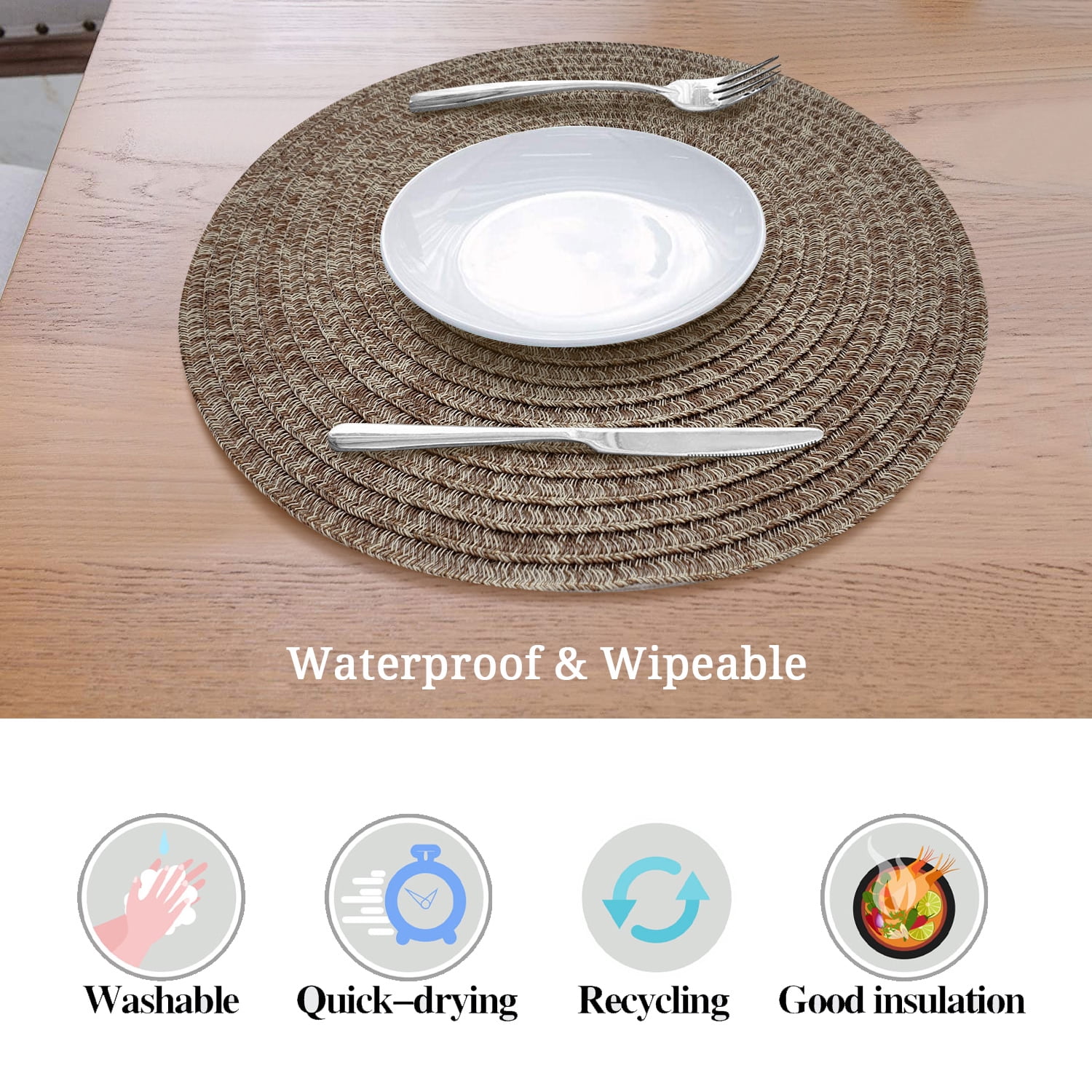 Round Dark Brown Placemats Set of 4, Pressed Vinyl Heat Resistant