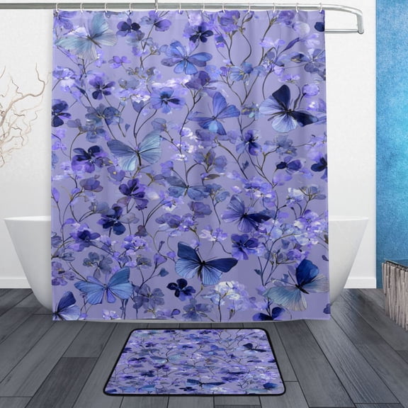 TTYFWHD 60" x 72" Shower Curtain and Bath Mat Set Watercolor Blue Flowers Waterproof Bathroom Curtain with 12 Hooks, Bathroom Decor Set