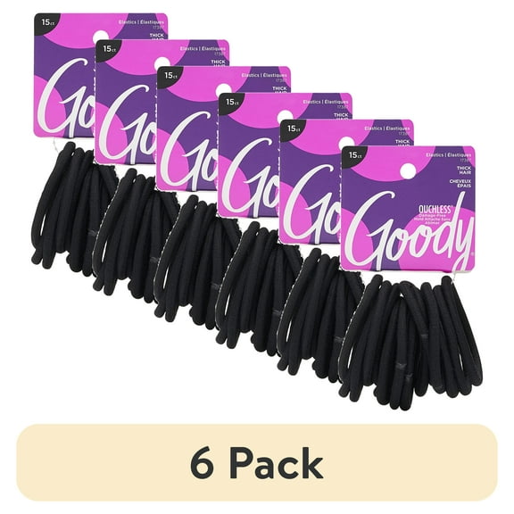 (6 pack) Goody Ouchless Super Stretch Hair Ties, Secure Grip, All-Day Wear, For Thick Hair, Black, 15 Ct