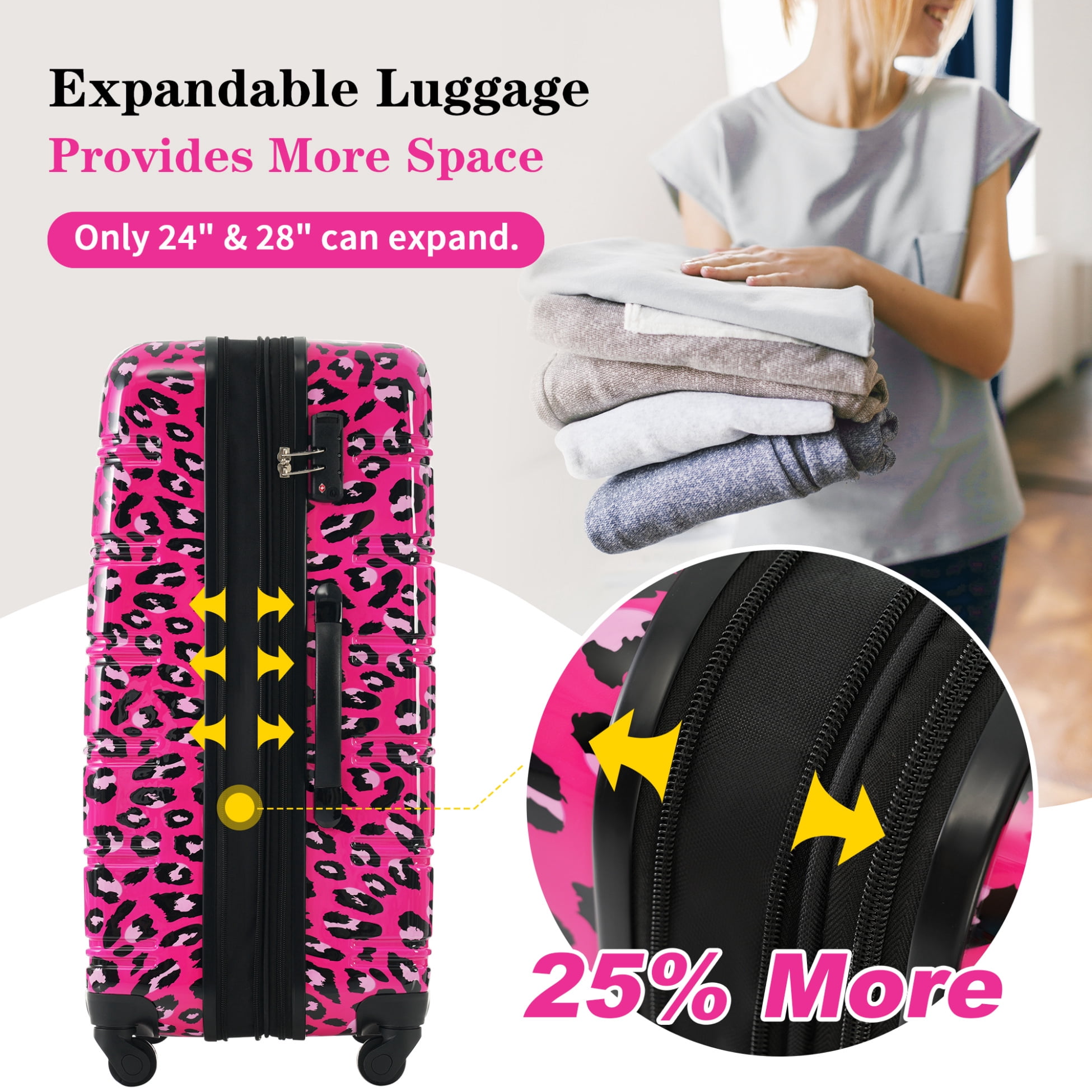 Hardshell Luggage Set 3-Piece Expandable PC Suitcases with TSA Lock & Leopard Print Design, 20"+24"+28" Expandable Capacity for Airport Travel