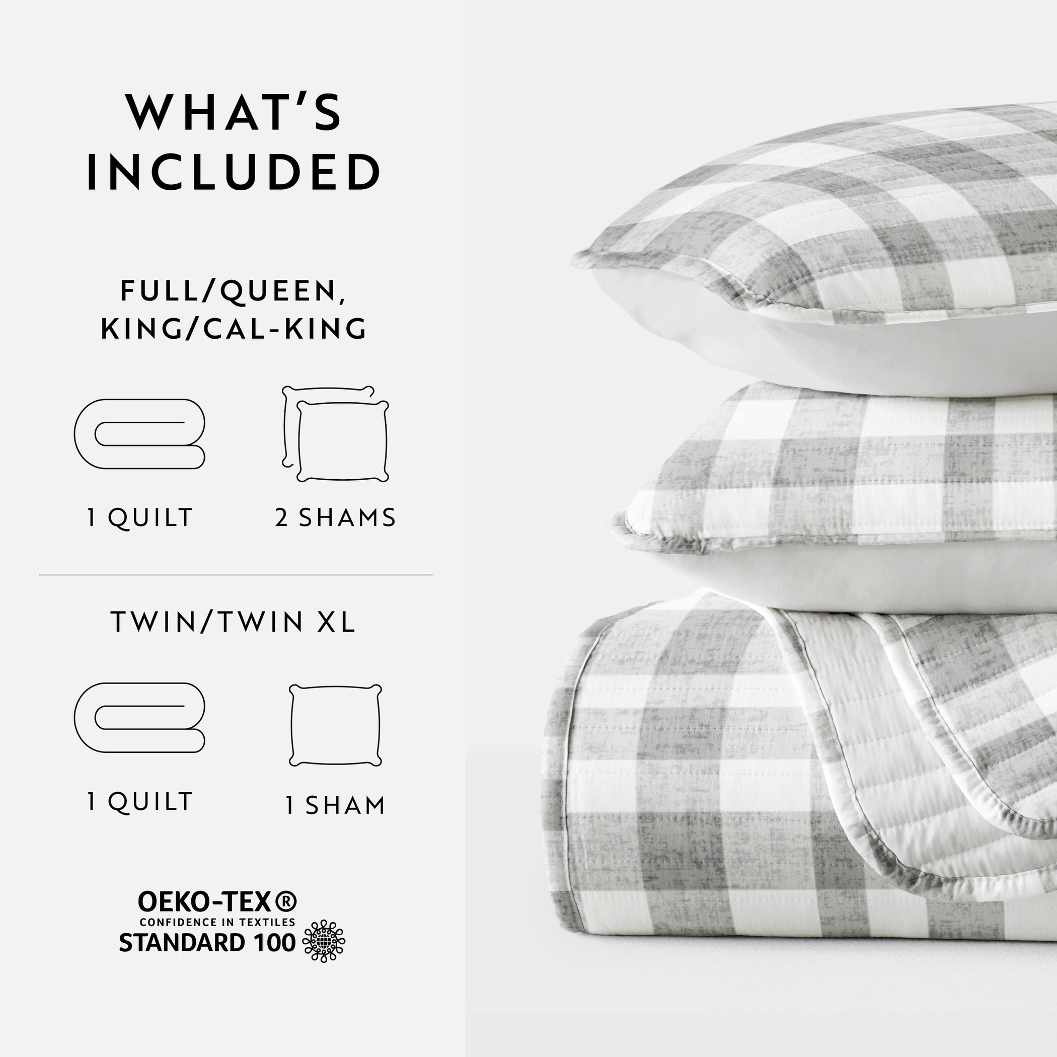 Noble Linens 3-Piece Gray Watercolor Plaid Reversible Quilt Set, Queen